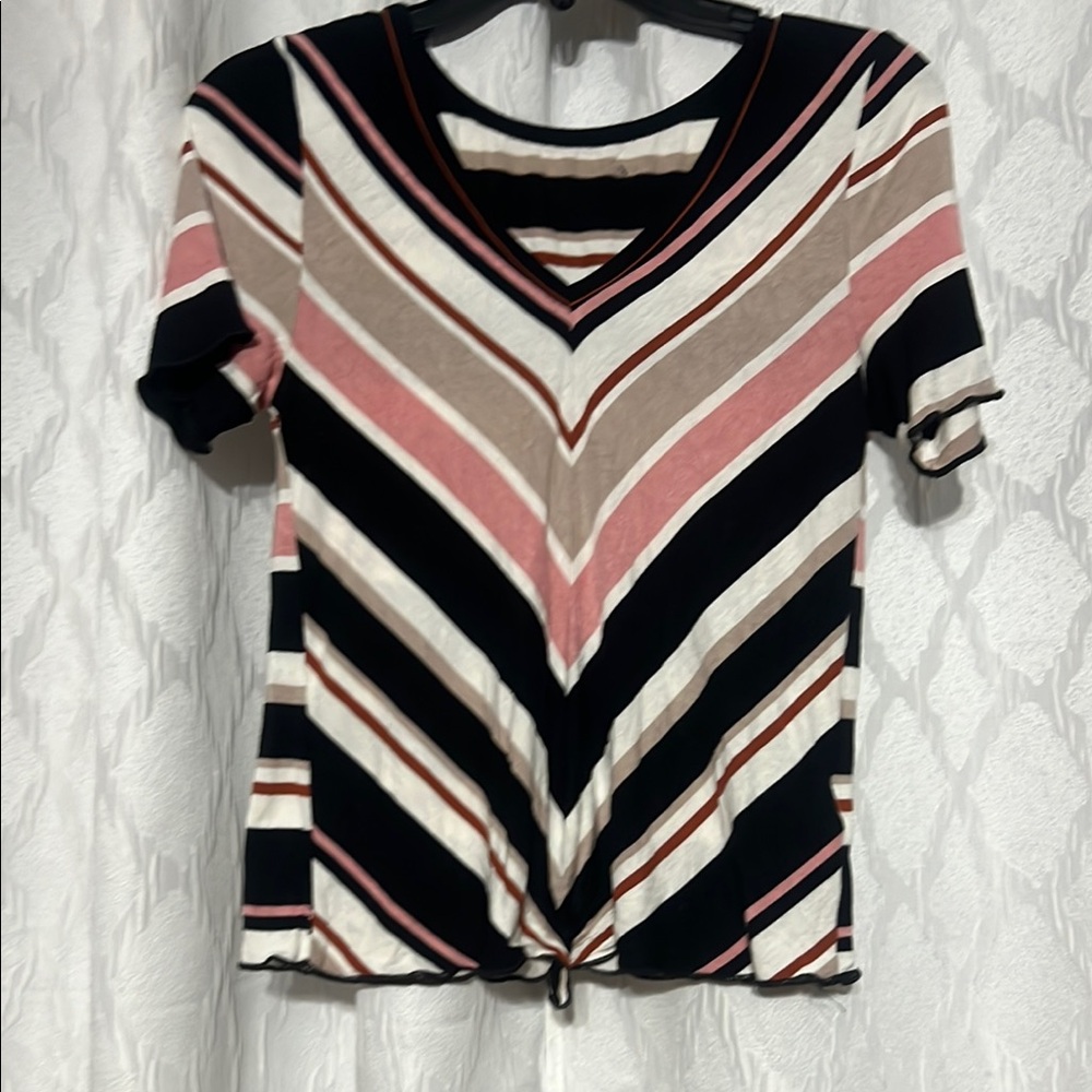 Striped V-Neck Women's Top - Pink, Black, Cream